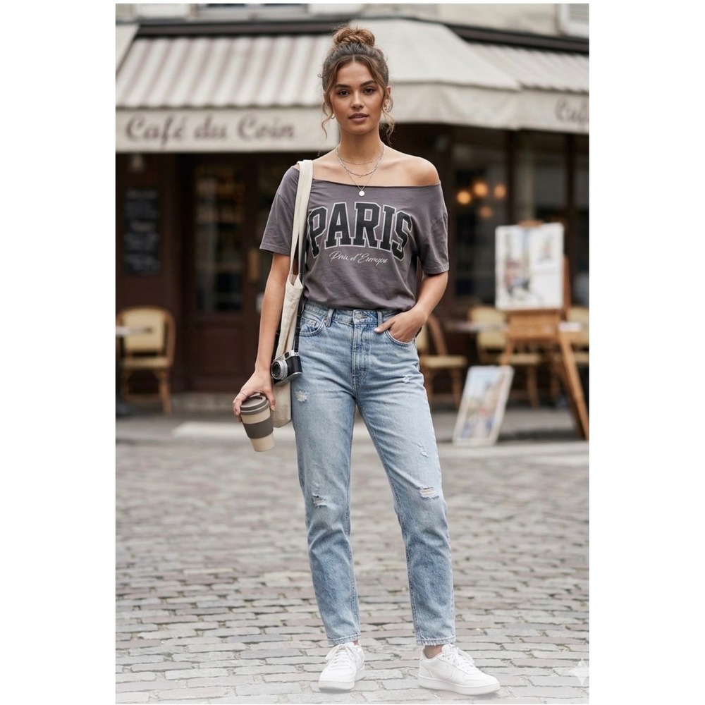 Hollister Paris Graphic Off the Shoulder Tee Gray XS 35702823